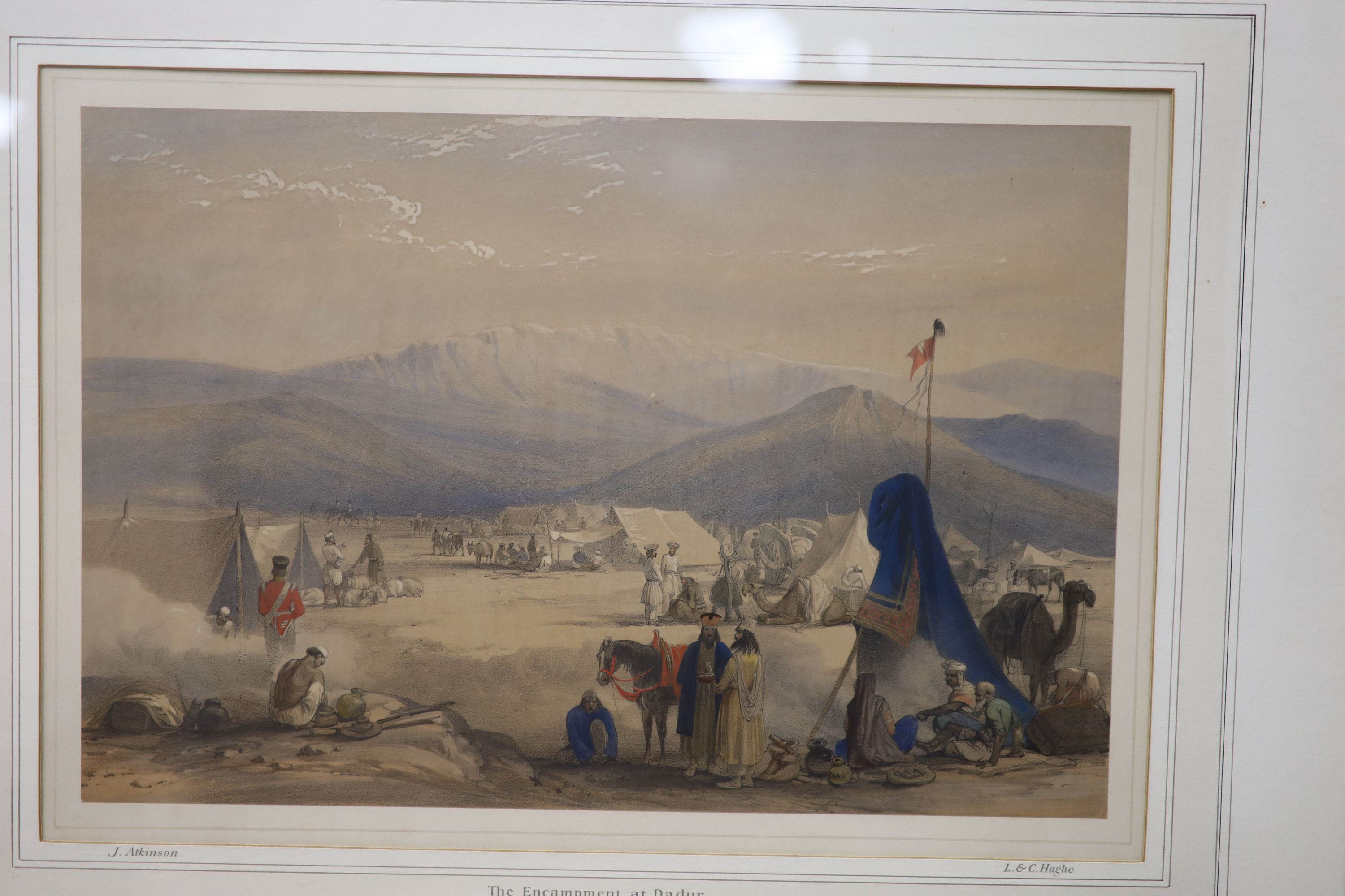 J. Atkinson, two coloured lithographs, The Encampment at Dadur and The Valley of Maidan, Afghan War 1839, two maps of Egypt and Persia and colour print After Thomas Daniel